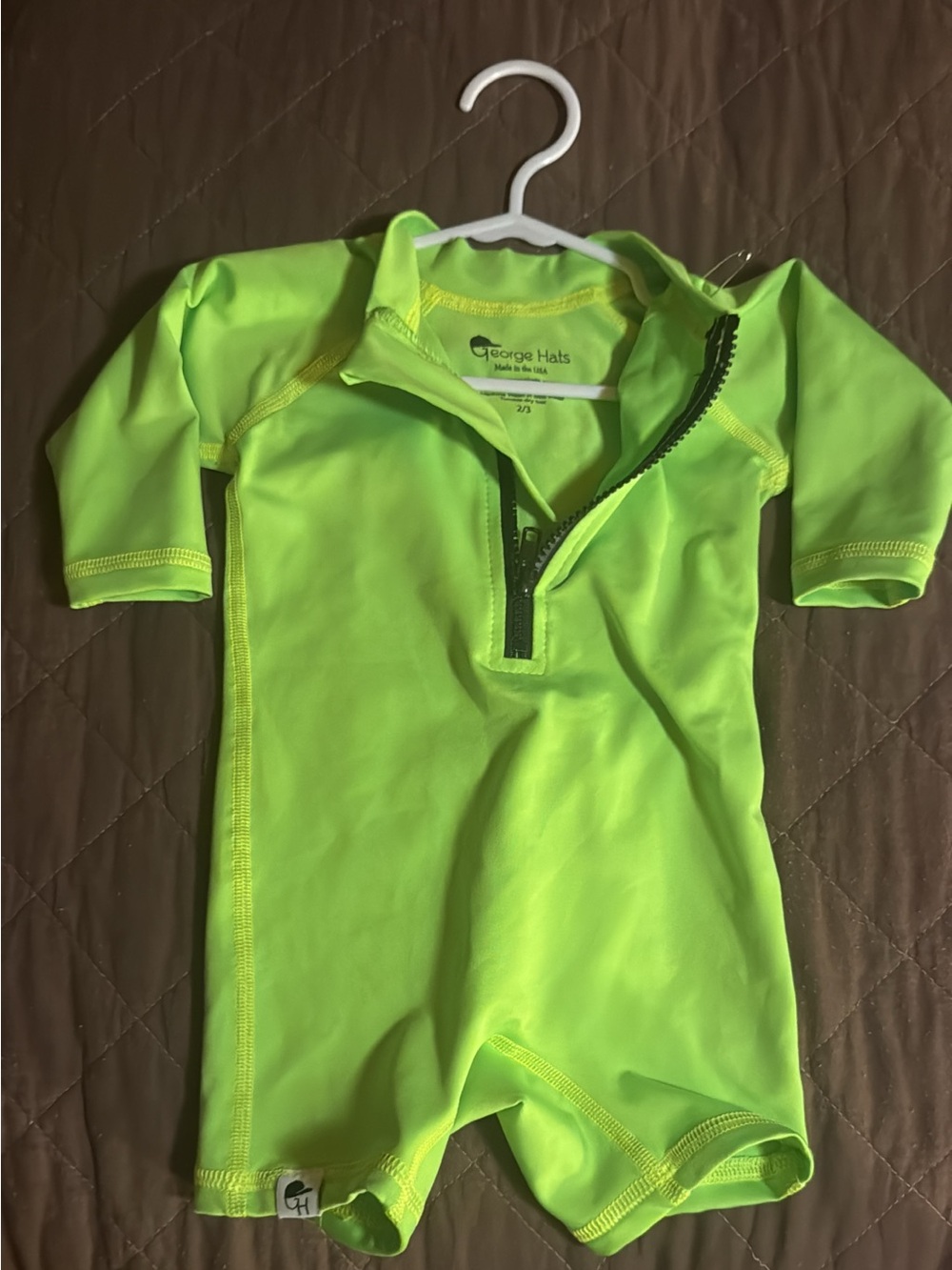George Hats Neon Green Baby Swim Romper Rash Guard Size 2/3 USA Made